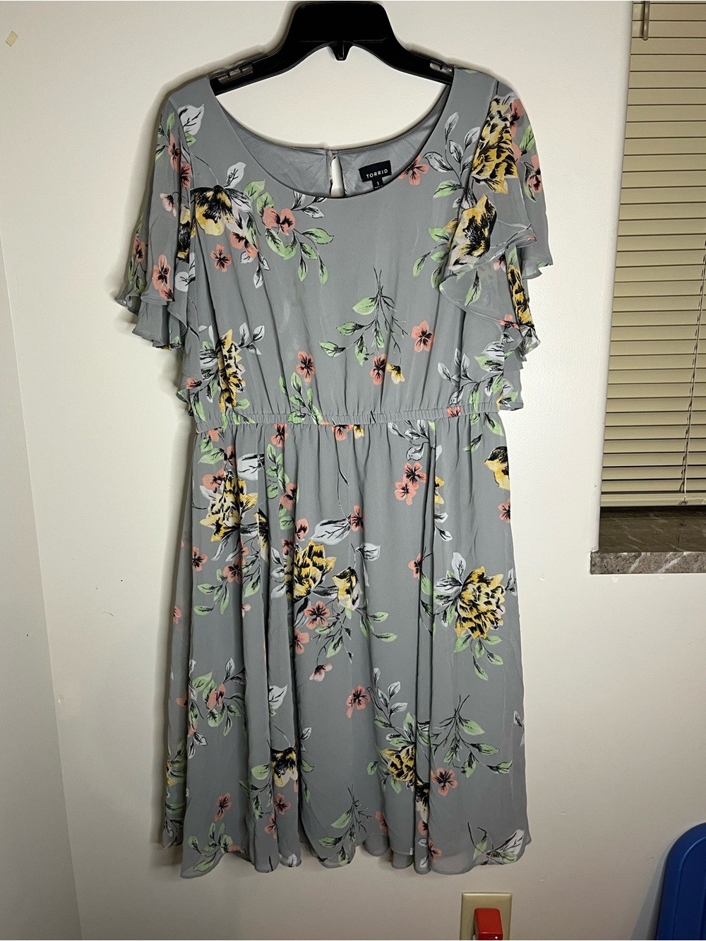 torrid Gray Floral Midi Dress with Ruffle Sleeves